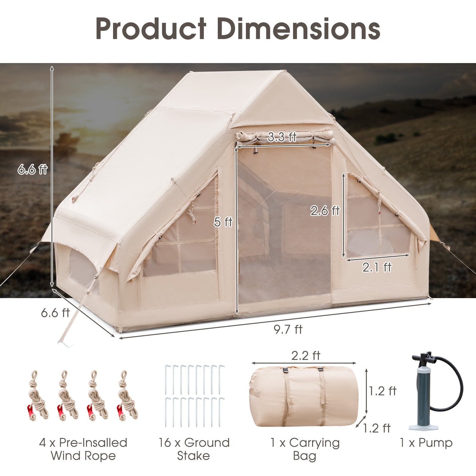 Inflatable Camping Tent 2/4/6 Person Family Glamping Shelter Beige