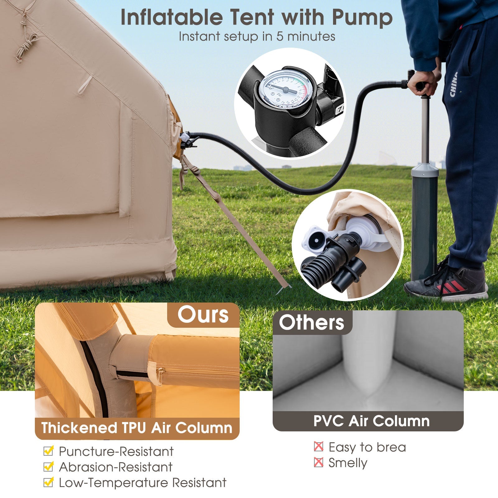Inflatable Camping Tent 2/4/6 Person Family Glamping Shelter Beige