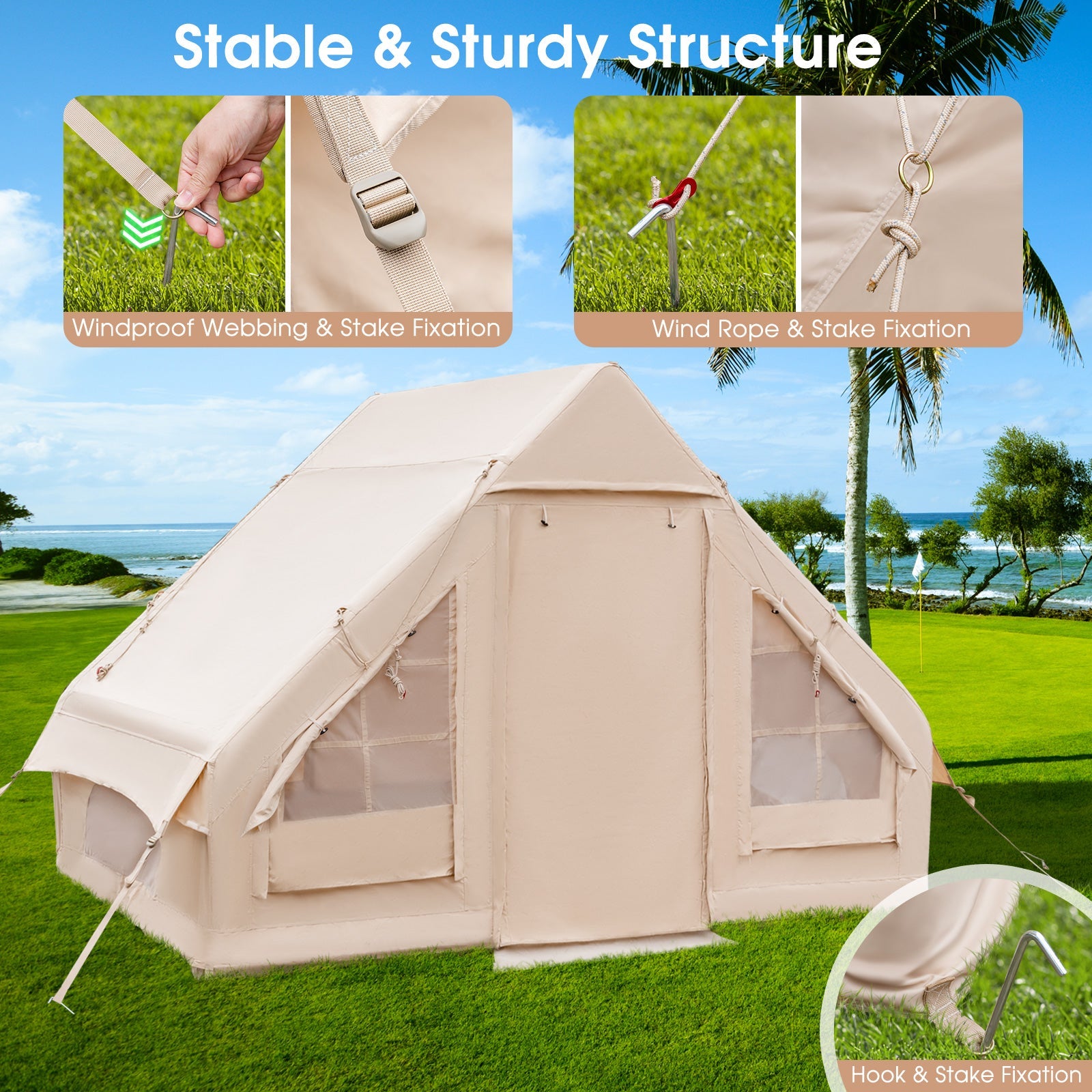 Inflatable Camping Tent 2/4/6 Person Family Glamping Shelter Beige