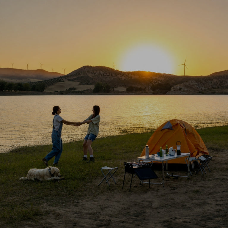 Two people holding hands near a campsite by a lake at sunset, with an orange tent, folding table, chairs, and a dog on the grassy shore. Hills and a glowing sun are visible in the background.