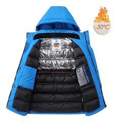 Men’s Blue Winter Ski Jacket Warm Waterproof Fleece Hooded