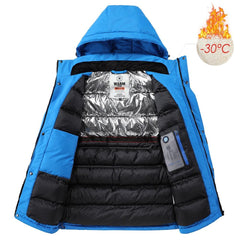 Men’s Blue Winter Ski Jacket Warm Waterproof Fleece Hooded