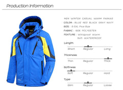 Men’s Blue Winter Ski Jacket Warm Waterproof Fleece Hooded